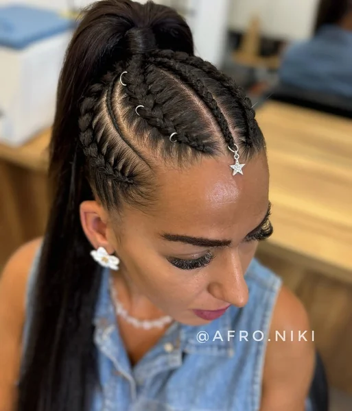 Edgy Cornrow Ponytail with Silver Rings and Star Charm