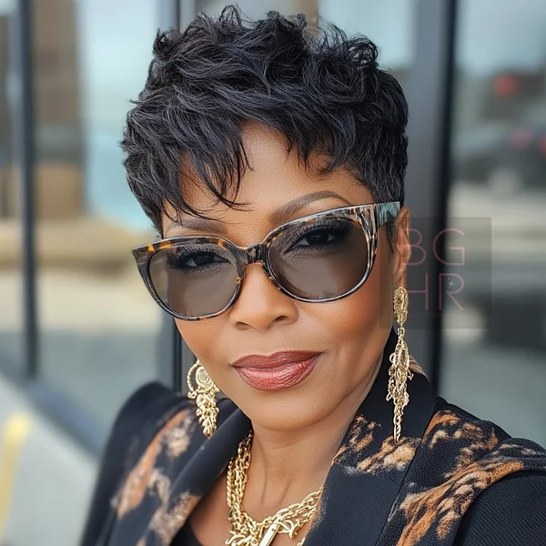 Elegant Black Wavy Pixie for Mature Women