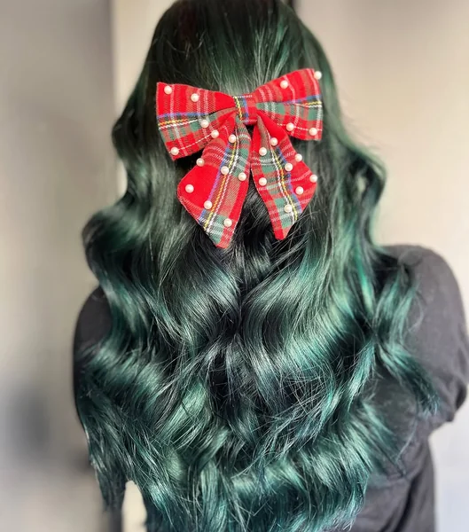 Emerald Green Waves with Red Plaid Pearl Christmas Bow