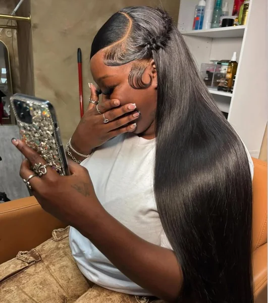 Extra Long Sleek Straight Hair with Side Braid Detail