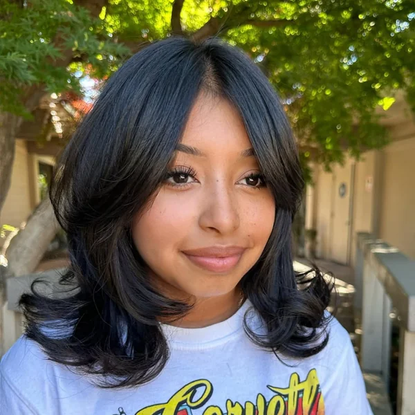 Glossy Black Lob with Feathered Face-Framing Layers