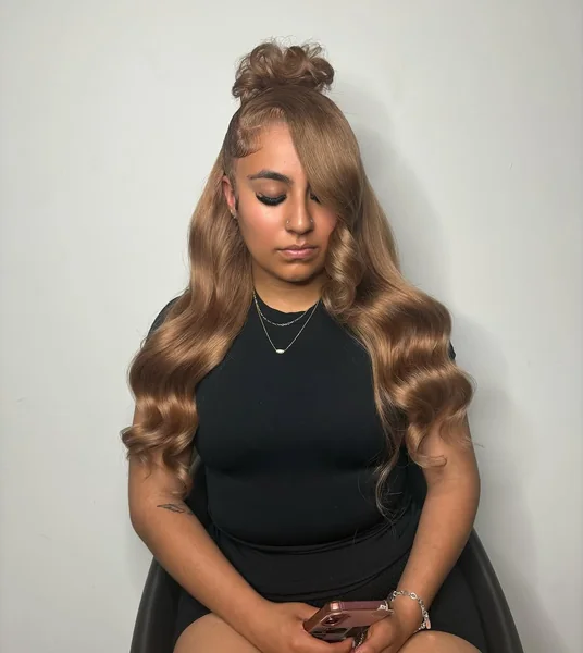 Golden Brown Half-Up Top Knot with Dramatic Side Sweep