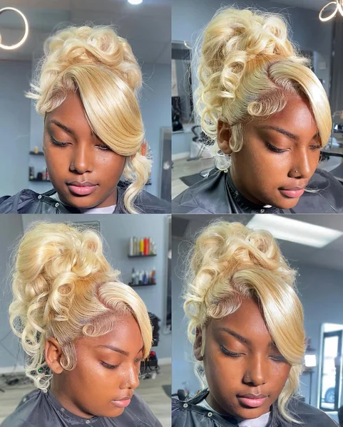 High Blonde Curly Updo with a Sleek Dramatic Bang