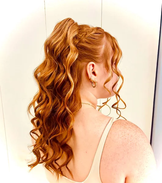 High Copper Ponytail with Spiral Curls and Front Tendrils