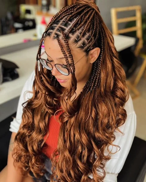 High Cornrow Ponytail with Wavy Copper Extensions