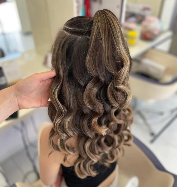 High Half-Up Ponytail with Bouncy Brown and Blonde Curls