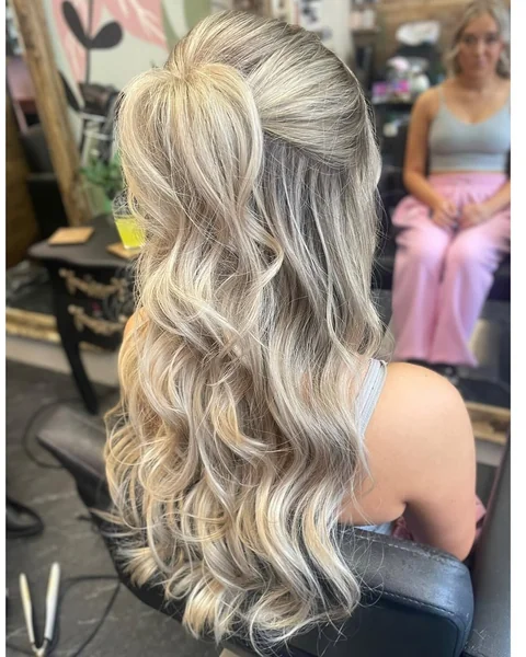 High Looped Half-Up Style with Creamy Blonde Waves