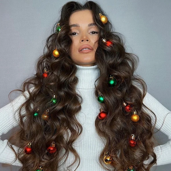 Long Wavy Hair Decorated with Festive Christmas Ornaments
