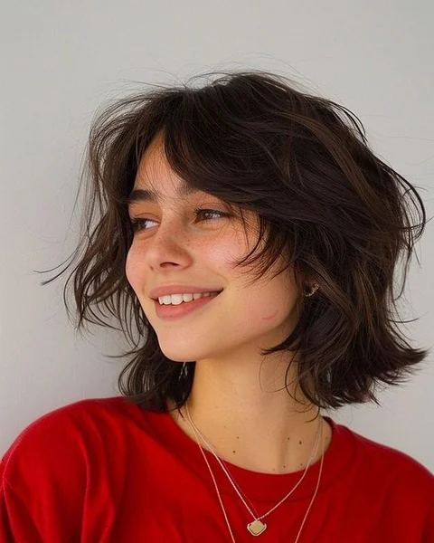 Messy Textured Shag Bob with Soft Curtain Bangs