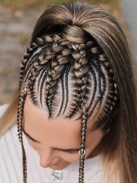 Micro Cornrows with Textured Top Braids and Rings