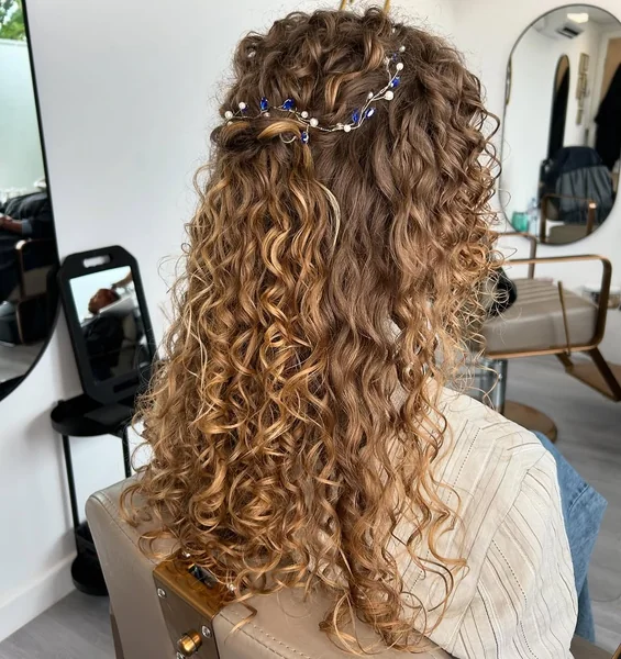 Natural Curly Half-Up Style with Blue Jeweled Hair Vine