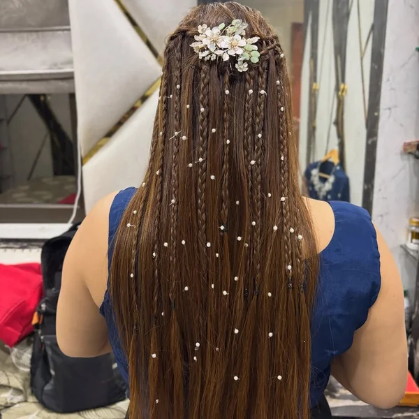 Pearl-Accented Half-Up Braids for Dramatic Length