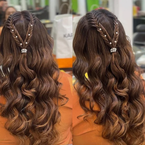 Pearl-Accented V-Braid with Flowing Dark Curls