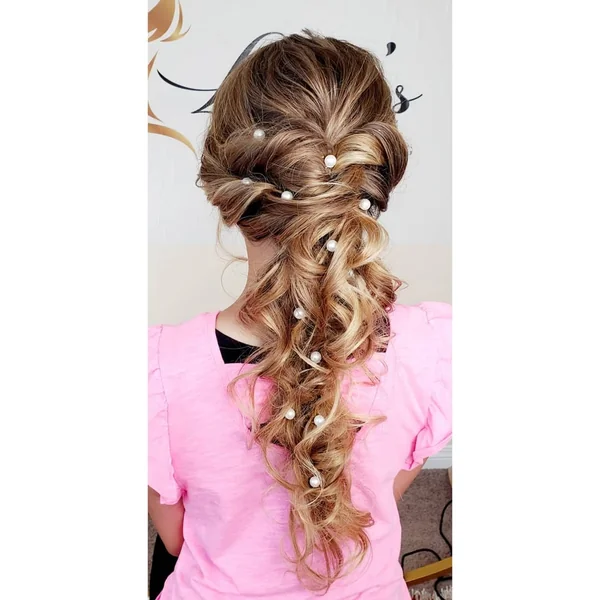 Pearl-Adorned Waterfall Twist with Loose Blonde Curls