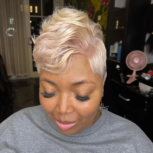 Platinum Blonde Wavy Pixie with Tapered Sides