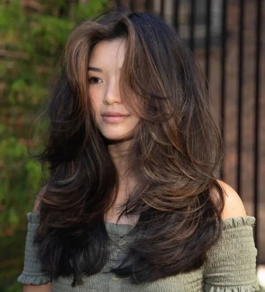 Rich Brunette Butterfly Cut with High-Volume Layers