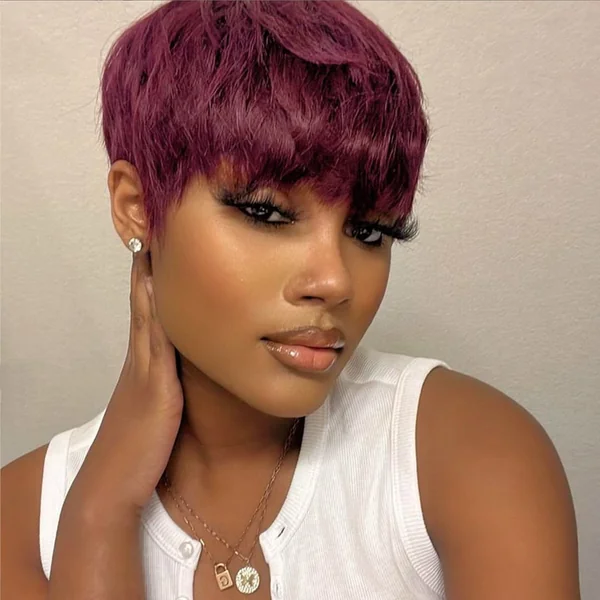 Rich Burgundy Pixie Cut with Soft Fringe