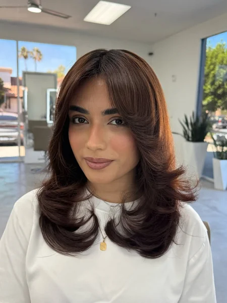 Rich Mahogany Butterfly Layers with Voluminous Curtain Fringe