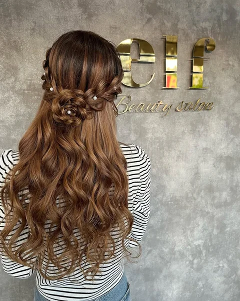 Romantic Braided Rosette Half-Updo with Pearl Accents