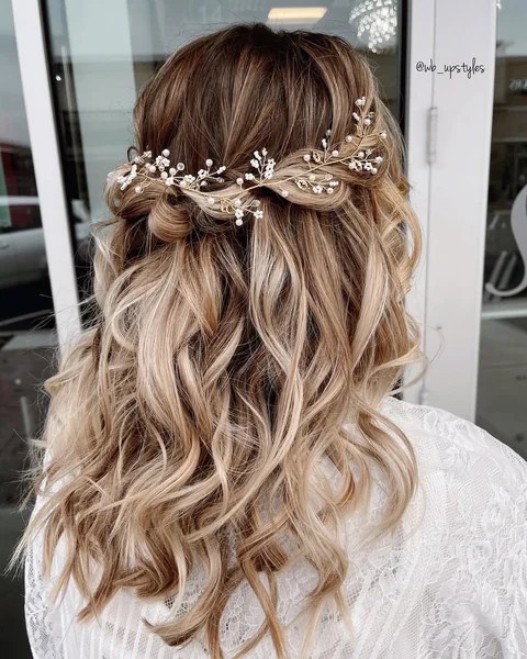 Romantic Half-Up Waves with Gilded Pearl Vine
