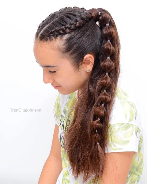 Side Accent Braid into Playful Bubble Ponytail