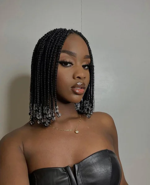 Sleek Blunt Box Braid Bob with Sparkling Clear Beads