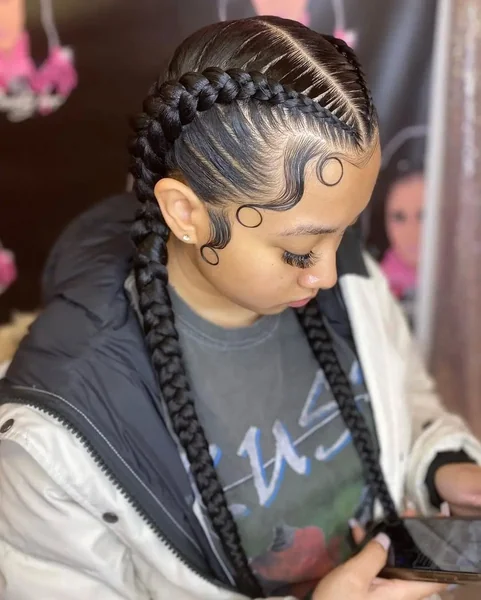 Sleek Double Cornrows with Laid Edges and Long Braids