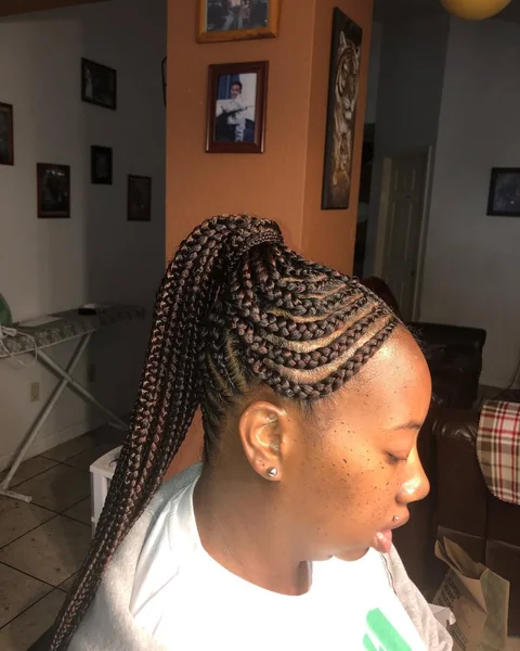 Sleek High Braided Ponytail with Flowing Cornrows