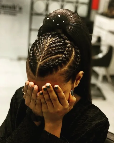 Slick Braided High Ponytail with Statement Cornrows
