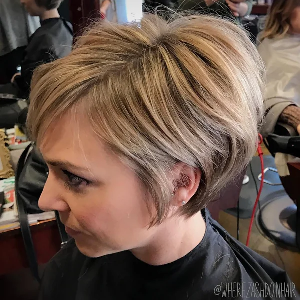 Soft Brunette Pixie Bob with Curtain Fringe