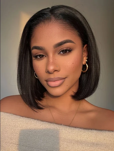 Soft Natural Black Lob with Face-Framing Curvature