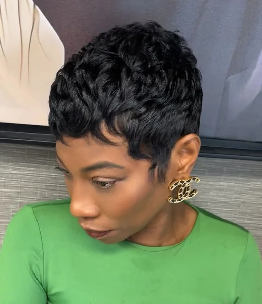 Textured Black Pixie with Soft Waves and Tapered Nape