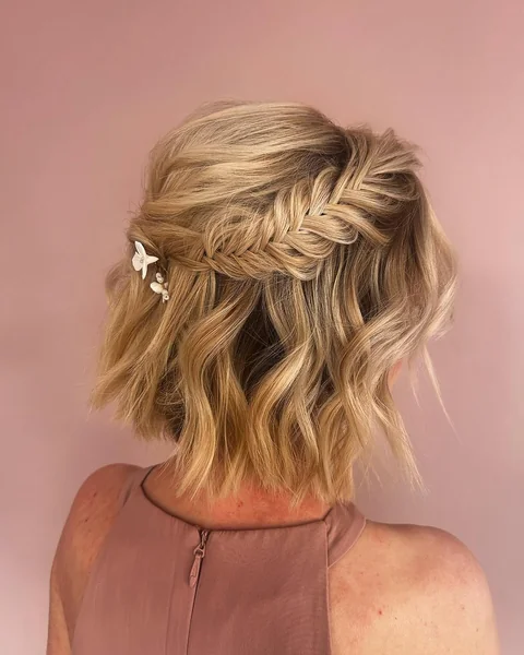 Textured Blonde Bob with Elegant Fishtail Braid