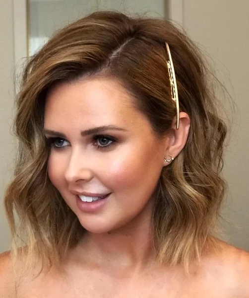 Touseled Caramel Lob with Side-Swept Root Depth