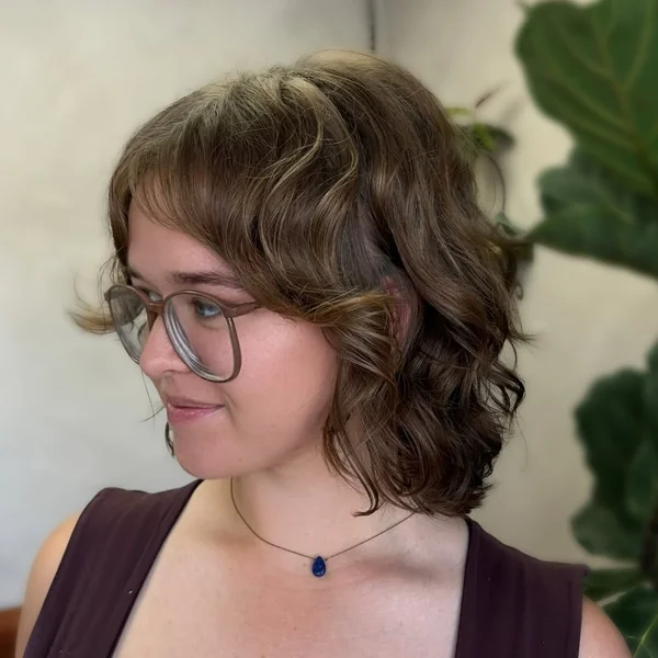 Tousled Walnut Brown Bob with Soft Bottleneck Bangs