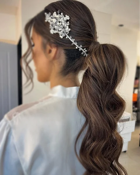 Voluminous Ponytail with Side Crystal and Pearl Headpiece