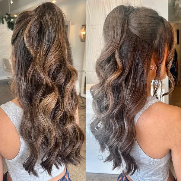 Voluminous Prom Ponytail with Caramel Waves and Lift