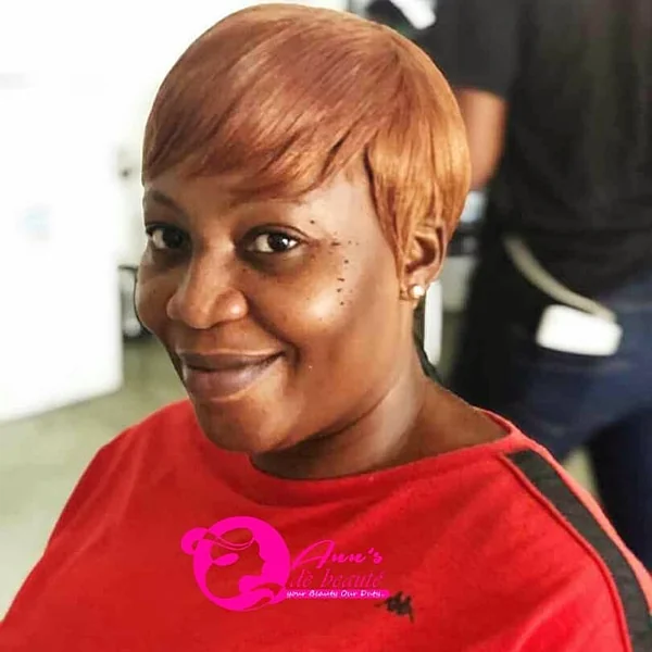 Warm Copper Toned Pixie with Sweeping Bangs