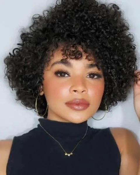 Bouncy Tapered Afro Curly Bob with Bangs