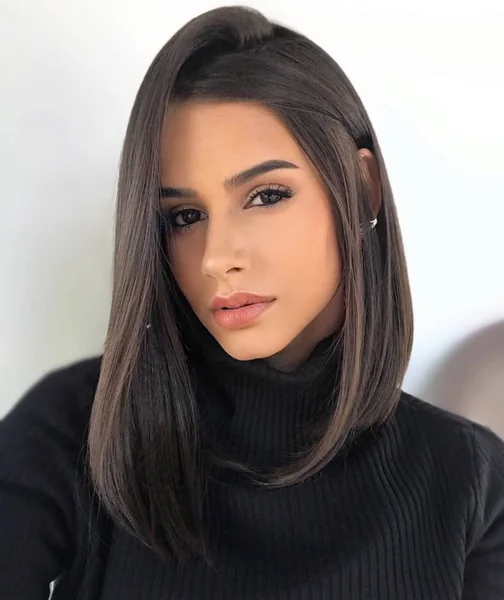 Glossy Espresso Long Bob with Deep Side Part