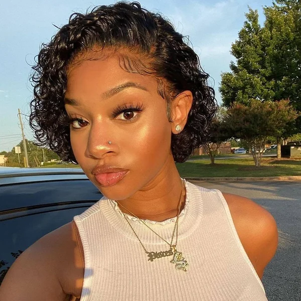 Glossy Tapered Curly Pixie with Sculpted Edges