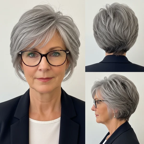 Gray Pixie Haircut Over 50 With Glasses