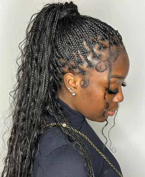 High-Volume Braided Ponytail with Decorative Baby Hair Swirls