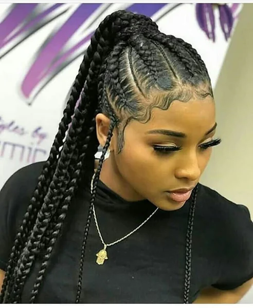 High Black Jumbo Cornrow Ponytail with Laid Edges