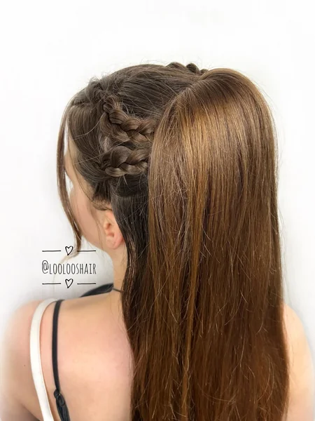 high braided ponytail with bangs