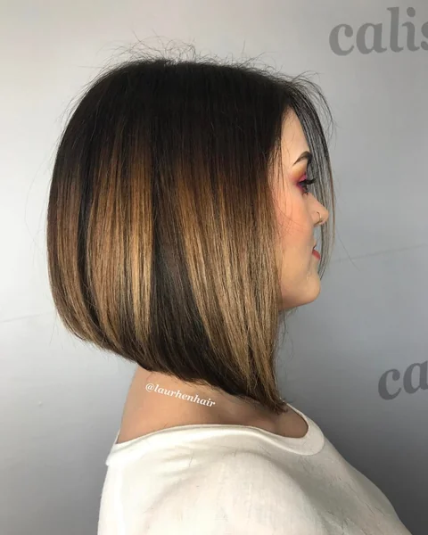 Sharp Brunette Inverted Bob with Seamless Caramel Balayage