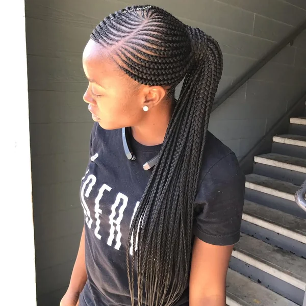 Sleek Feed-in Cornrows Into Long Braided Ponytail