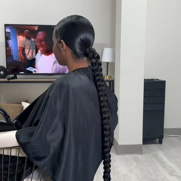 Sleek Black Low Ponytail with Extra Long Braid