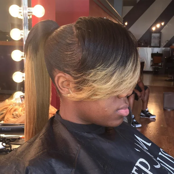 high ponytail with side bangs