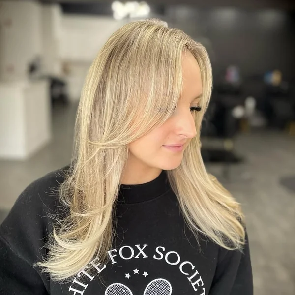 Sleek Honey Blonde Layers with Face-Framing Flick